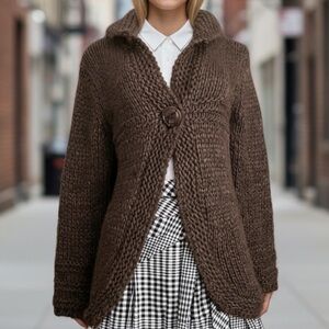 Beretti Wool Blend Chunky Knit Cozy Cardigan Brown SZ M